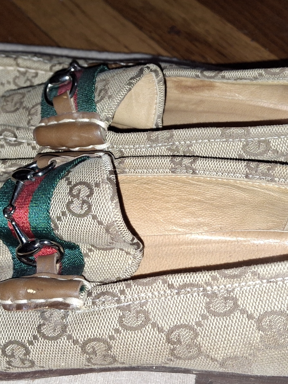 Gucci Monogram Canvas Horsebit Loafers with Green-Red Web